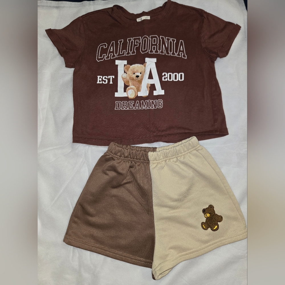 Brown and Tan Kids Shorts with Bear Patch And Brown California Bear Tee